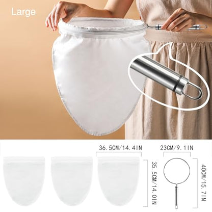FATCAT Fine Mesh Cheese Cloth, Fine Mesh Strainer Bags, Nut Milk Bag with Stainless Steel Handle, Cheesecloth for Straining, Turkey, Cooking, Cheese, NutMilk, Juices, L - color: Handle*1+Strainer Bag*3, size: L