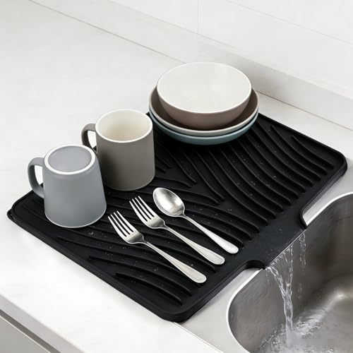Silicone Dish Drying Mat 16x13,Food-Grade Silicone,Easy Clean Pad for Countertop Protection,Heat Resistant,Easy Clean,Non-Slip Drain Pad with Built-in Drain,Multi-Functional Use,Black - color: Black, size: 16" x 13"