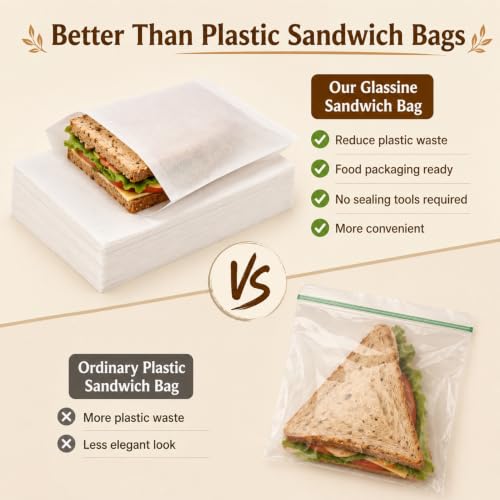 MAQIHAN 100 Wax Paper Sandwich Bags - 6"x8" Glassine Bags, Translucent Envelopes for Food Take Out, Snack, Bakery, Cookies, Treats, Sandwiches, Soaps, Gift Card Packaging - size: 6x8"