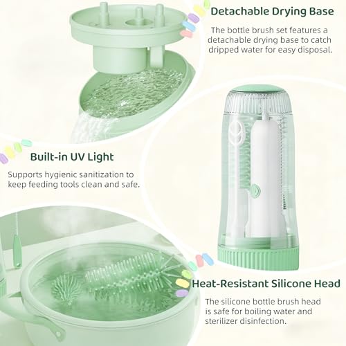 Portable Electric Silicone Bottle Brush Set, 7-in-1 UV Light USB Charging, Nipple/Straw Cleaner, Milk Mixer, Built-in Drying Rack & Storage Case, BPA-Free, IPX7, On-the-Go for New Parents - color: Mint