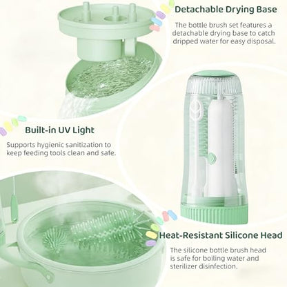 Portable Electric Silicone Bottle Brush Set, 7-in-1 UV Light USB Charging, Nipple/Straw Cleaner, Milk Mixer, Built-in Drying Rack & Storage Case, BPA-Free, IPX7, On-the-Go for New Parents - color: Mint