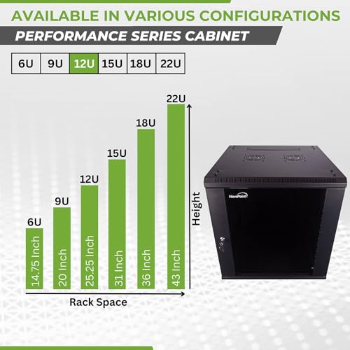 NavePoint 12U Server Cabinet Wall Mount Rack Enclosure Includes 2 Fans, Locking Glass Door, Removable Side Panels – 12U Network Cabinet 23.6” Deep, 19 Inch Server Rack for IT and A/V Equipment - size: 12U - 600mm Depth