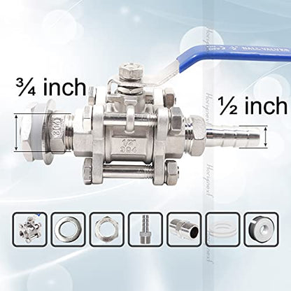 3/4" O.D. thread to 1/2 inch elbow barb stainless steel home brewing bulkhead three-piece ball valve fitting kit, for gallon beer pot brew kettle spigot mash tun - size: 3/4" thread-1/2" barb, 1st gen. 3-piece valve