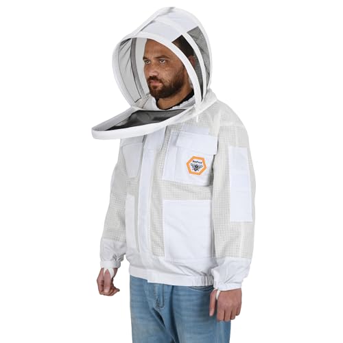 Beekeeping Jacket with Veil 3-Layer Ultra Ventilated 2 Veil Options (Fencing & Round) YKK Zippers Full Protection Suit Carrying Bag (BP-302-White)-XL - color: White 2 Veils, size: XL