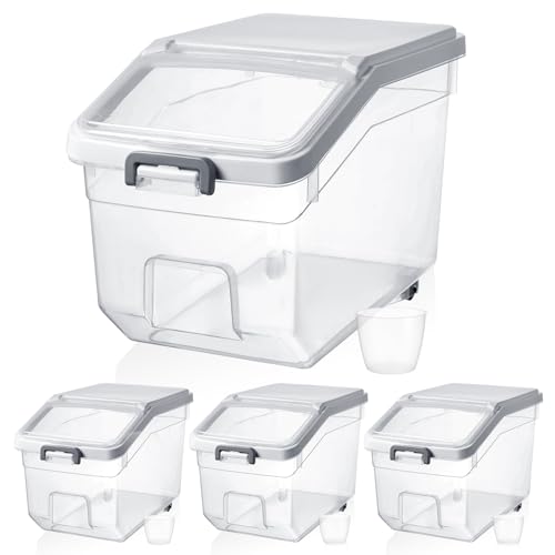 Sunnyray 4 Pcs Rice Storage Container 22 lb Airtight Flour Container with Wheels Measuring Cup Clear Pet Food Cube Dog Cat Birds Food Bin Grain Cereal Organizer Box for Dry Baking Supplies(White Lid) - color: White Lid, size: 22 lb