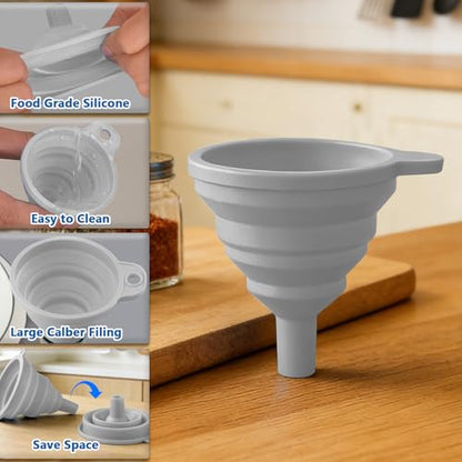 4PCS Silicone Collapsible Funnels Set for Kitchen Use Compact and Portable Liquid Transfer Tool, Collapsible Gadgets(Gray) - color: 4PCS-Gray