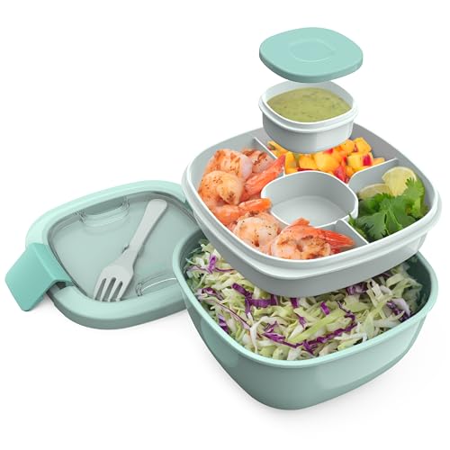 Bentgo Salad Container - 54 oz Bowl with 4-Compartment Toppings Tray, Leak-Proof Dressing Container, Reusable Fork, BPA-Free Lunch Box for Meal Prep & Food Storage; Removable Bento Tray (Coastal Aqua) - color: Coastal Aqua