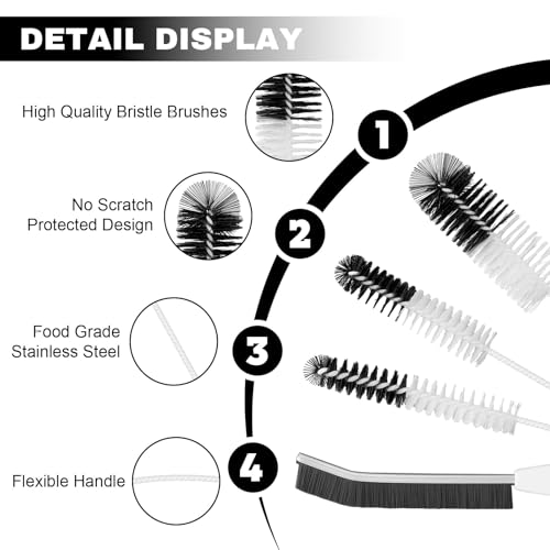 Bottle Cleaning Brush Set - Long-Handled Flexible Brush Head, with Bottle Neck Thread Gap Brush, for Cleaning Narrow Neck Water, Beer, Wine, Baby Bottles, Pipes, Tubes, Hoses, and Flasks