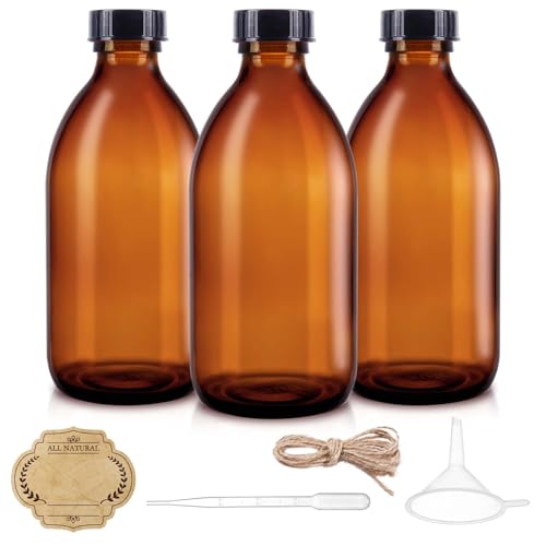 8oz Amber Glass Bottle with Lids, 3 Pack Brown Empty Cosmetic Containers Leakproof Refilllable Sample Dispensing Bottles for Homemade Vanilla Extract, Essential Oils, Potion, Juice, Ginger Shots - color: Amber