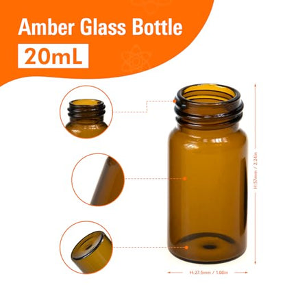 PEKYBIO 20 PCS 20 ML (5 dram) Amber Small Liquid Sample Glass Vials with Screw Caps, 27.5 MMX 57 mm Leak-Proof Vial, 24-400 Black Screw Cap with PE Liners for Lab, Essential Oil, Perfume, Reagents - size: 27.5*57mm 5 Dram & 20ml Vial