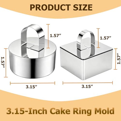 4 Pack Food Molds Set, 3.15-Inch Cake Ring Mold, Stainless Steel Cooking Rings for Food Decor (2 Round Rings+2 Square Rings) - size: 3.15In-2 Round+2 Square