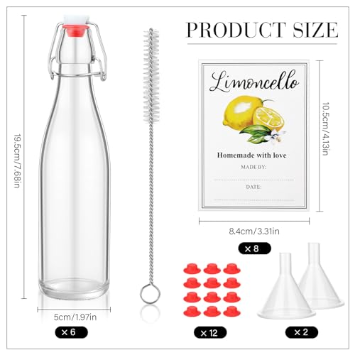 Maxcheck 6 Pack 16 oz Glass Limoncello Bottles with Lemon Labels Stickers and Swing Top Lids, 500ml Empty Clear Lemoncello Bottles with Funnel Brush Spacer for Limoncello Gift Giving