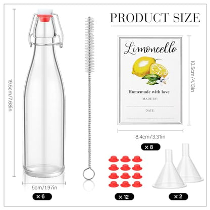 Maxcheck 6 Pack 16 oz Glass Limoncello Bottles with Lemon Labels Stickers and Swing Top Lids, 500ml Empty Clear Lemoncello Bottles with Funnel Brush Spacer for Limoncello Gift Giving