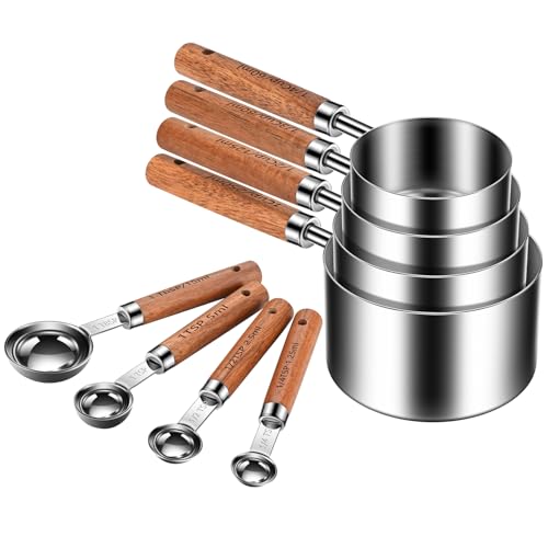 Wooden Handle Measuring Cups & Spoons Set 8-Piece – Stainless Steel, Stackable, Rustic Farmhouse Kitchen Gadgets, Non-Toxic, Dishwasher Safe, Gift for Bakers & New Homeowners. - size: Silver-wood handle