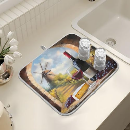 Red Wine Glasses with Grape Cheese Farmhouse Dish Drying Mats for Kitchen Counter Absorbent Microfiber Dish Drying Matt 16 x 18 Inch Draining Reusable Rack Pad