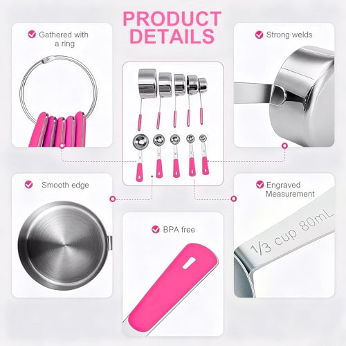 Bopei Measuring Cups and Spoons Set Stainless Steel 10 Piece for Cooking and Baking (5 Cups + 5 Spoons, Pink Handle) - color: Pink