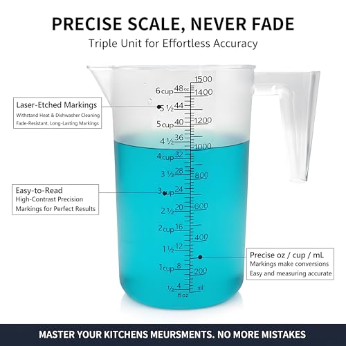 Liquid Measuring Cup with Handle, 48 oz / 6 Cup / 1500 ml Plastic Measuring Pitcher, Permanent Laser-Etched Markings, Large Measuring Cup for Kitchen Baking, Cooking & Garden Mixing - size: 48 OZ (6 Cup/1500ml）