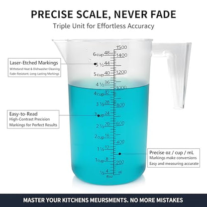 Liquid Measuring Cup with Handle, 48 oz / 6 Cup / 1500 ml Plastic Measuring Pitcher, Permanent Laser-Etched Markings, Large Measuring Cup for Kitchen Baking, Cooking & Garden Mixing - size: 48 OZ (6 Cup/1500ml）