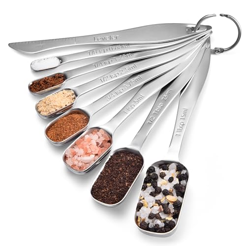 18/8 Stainless Steel Measuring Spoons: Doosu Heavy Duty Rectangular Spoon Square Teaspoon Tablespoon Scoop with Slim Long Handle in Narrow Spice Jar for Kitchen Baking Cooking (Set of 8 with Leveler) - size: Set of 8 with Leveler