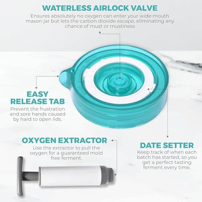 Fermentation Starter Set, Includes 3 Airlock Fermentation Lids and 3 Glass Weights, Sauerkraut Fermenting Kit for Wide Mouth Mason Jar, Pickles, Vegetables, & Kimchi Making Kit - color: Teal