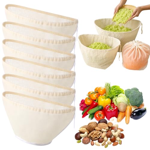 Mindsoft 6 Pcs Cheese Cloth Filling Squeeze Cotton Bags, Bowl-shaped Reusable Cotton Nut Milk Bag for Straining, Reusable Straining Bags for Juice, Soy Milk, Dumpling Fillings, Vegetable(Large) - size: Large