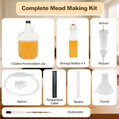 Mead Making Kit for Beginners,1 Gallon Glass Carboy Fermentation Set | Includes Airlock, Hydrometer, Auto Siphon & 4 Bottles, Easy Home Brewing Starter Kit for Mead, Wine & Fruit Wine