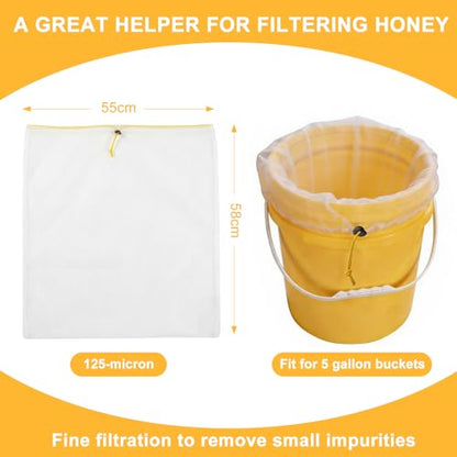 Honey Strainer for 5 Gallon Bucket - 4 Pack Fine Mesh Filter Bags with Adjustable Drawstring - Reusable Beekeeping Straining Bags for Honey, Jelly, and Food Grade Filtering