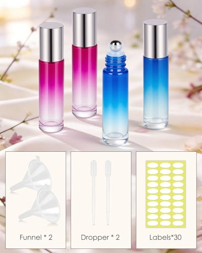 Worldgsb 12 Pack Essential Oil Roller Bottles, 10ml Refillable Glass Roller Bottles with Stainless Steel Roller Balls and Caps for Travel, Perfume and Lip Gloss Blue-Red Gradient - color: Blue-Red Gradient, style: 12 Pack