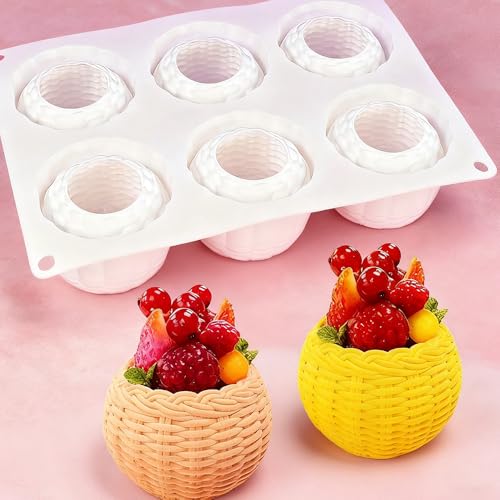 6-Hole 3D Flower Basket Mousse Cake Mold Food Grade Silicone Molds Cute Silicone Molds for Baking Cake Dessert Braided Basket Jello Cookie Chocolate Candy Food Mold Candle Plaster Mould for Crafts