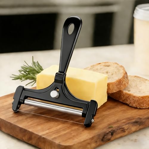 Cheese Slicer, AIDOIT Stainless Steel Wire Cheese Slicer, Adjustable Thickness Cheese Cutter with 8 Extra Wires for Soft, Semi-hard, Hard Cheeses, Black - color: Black