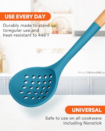 Kitchen Ladle Strainer, Large Slotted Spoon with High Heat Resistant BPA Free, Non Stick Cooking Skimmers For Draining & Frying, 13.2inch (Blue) - color: Blue