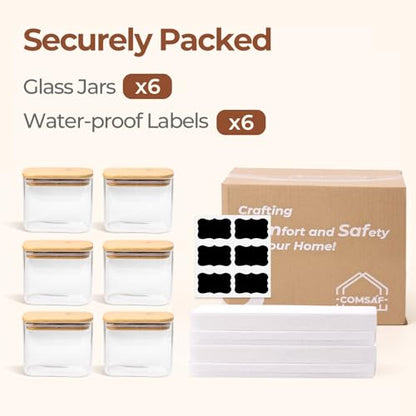 ComSaf 0.7 Qt Rectangle Glass Storage Containers with Lids, Glass Jars with Bamboo Lids, Clear Food Jar, Sugar Coffee Containers, Small Pantry Storage Container for Tea Candy Nuts Spices Oat - size: 0.7 Qt-6Pcs
