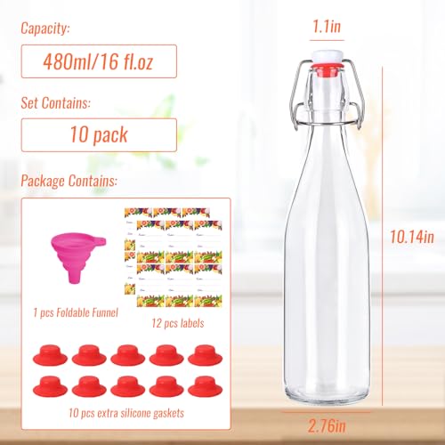 Swing Top Glass Bottles 16oz 10Pack, Reusable Glass Bottle with Stopper for Kombucha, Home Brewing,Vanilla Extract, Beer(480ml, Set of 10)