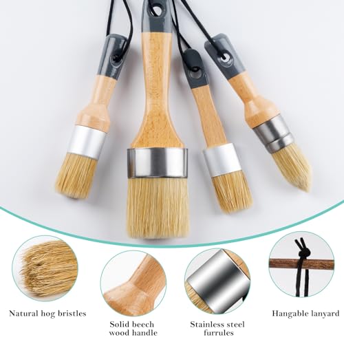 Mister Rui Chalk Wax Paint Brush, 4pcs, Chalk Paint Brushes for Furniture, Small Wax Brush for Milk Paint, Acrylic Paint, Natural Bristles Stencil Brushes, No Shedding for Home Decor, Art Crafts - size: 4PCS, 1 Medium, 3 Small