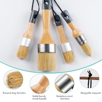 Mister Rui Chalk Wax Paint Brush, 4pcs, Chalk Paint Brushes for Furniture, Small Wax Brush for Milk Paint, Acrylic Paint, Natural Bristles Stencil Brushes, No Shedding for Home Decor, Art Crafts - size: 4PCS, 1 Medium, 3 Small