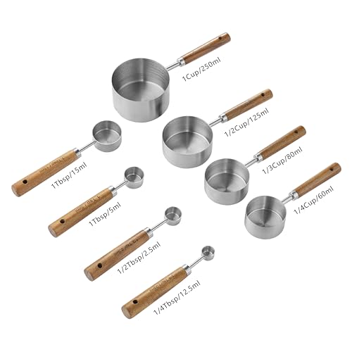 Measuring Cups and Spoons Set, Stainless Steel Metal measuring Cups with Wooden Handles, Great for Dry and Liquid Ingredients, Engraved Metric Markings, Nesting Design for Baking