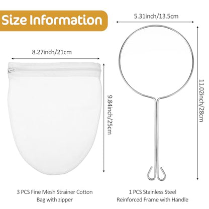 3 Pcs Juice Strainer After Juicing Ultra Fine Mesh Strainer Bags With Stand Reusable Cheese Cloth Bag Small With Stainless Steel Handle Strainers Fine Mesh Bags For Straining Honey Coffee Wine Oil