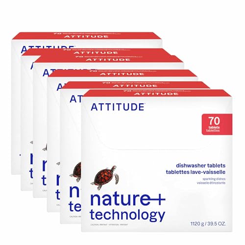 ATTITUDE Dishwasher Pods, Plant-Based & Vegan, Phosphate-Free Detergent Tablets, Naturally Derived, Unscented, 70 Count (Pack of 6) - size: 70 Count (Pack of 6)