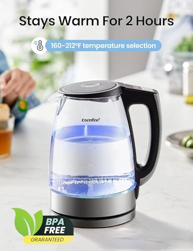 COMFEE' 1.7L Glass Tea Kettle and Kettle Water Boiler - Electric Kettle Temperature Control with 6 Presets, 2-Hr Keep Warm, Fast Heating, 304 Stainless Steel, Auto-Off and Boil-Dry Protection - color: Transparent Digital, size: 1.8 Quarts