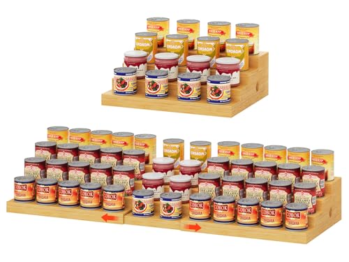 4-Tier Extra-Long Expandable Can Rack, Adjustable Bamboo Organizer for Pantry, Can Storage Holder for Pantry Shelf & Countertop, Large Capacity Holds 60 Cans (3.75oz), Patent Pending - color: Bamboo, size: 29"-43.3"W × 11.8"D × 4.7"H