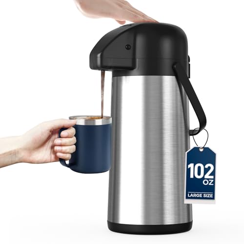 Coffee Carafe for Keeping Hot - Gezoss 102OZ / 3L Airpot Coffee Dispenser with Pump - Large Coffee Carafe for Hot Drinks Tea Liquid - Insulated Stainless Steel Hot Water Beverage Urn for Parties - color: Stainless Steel, size: 102 Ounces