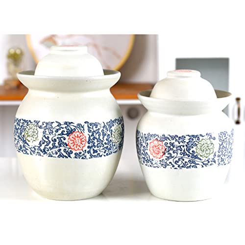 ZHOUXIAO White Pickle Jar Ceramic Jar with Lid,Large Floral Pattern Traditional Chinese Fermentation Kit Crock with Water Seal Airlock Lid, Fermentation Jar for Kimchi,Kombuc 4KG