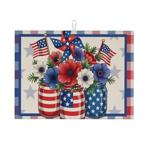 Patriotic Flowers In Mason Jars With American Flags And Pinwheel Microfiber Dish Drying Mat 18x24 Inch - Absorbent Non-Slip & Quick Dry Kitchen Counter Dish Drainer Pad, Rustic Farmhouse Style - color: Patriotic Flowers In Mason Jars With American Flags A