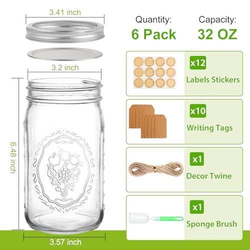 Wide Mouth Mason Jars 32 oz, 6 Pack Quart Canning Jars with Airtight Lids and Bands, Clear Glass Mason Jars for Canning, Pickling, Preserving, Meal Prep - size: 32oz - 6 Pack