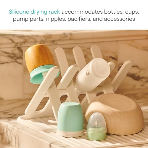 Munchkin Bottle Drying Rack and Mat, Holds 8 Bottles, Pump Parts, Pacifiers, & Accessories, Space Saving Folding Design, Home and Travel Use, Silicone, White