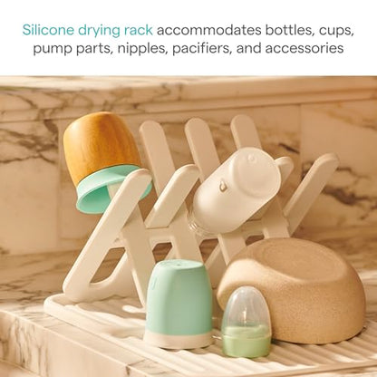 Munchkin Bottle Drying Rack and Mat, Holds 8 Bottles, Pump Parts, Pacifiers, & Accessories, Space Saving Folding Design, Home and Travel Use, Silicone, White