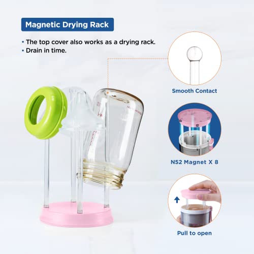 YOTIME Travel Bottle Brush Set, 6in1 Bottle Cleaning Kit with Silicone Bottle Brush, Nipple Cleaner Brush, Straw Brush, Soap Dispenser, Bottle Drying Rack and Storage Box, Pink - color: Pink