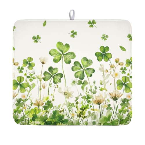 St Patrick's Day Green Clover Dish Drying Mat 16x18 Inch | Shamrock，Polyester，Absorbent Microfiber，for Kitchen Coffee Dining Bar Decor - color: Green, size: 16" x 18"