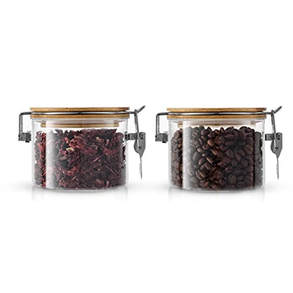 JoyJolt Glass Jars With Bamboo Lids (12 fl oz). 2PC Set of Airtight Storage Jars with Clamp Lids for Pantry Food Storage. Air Tight Sealable Glass Canisters Containers for Kitchen Organization