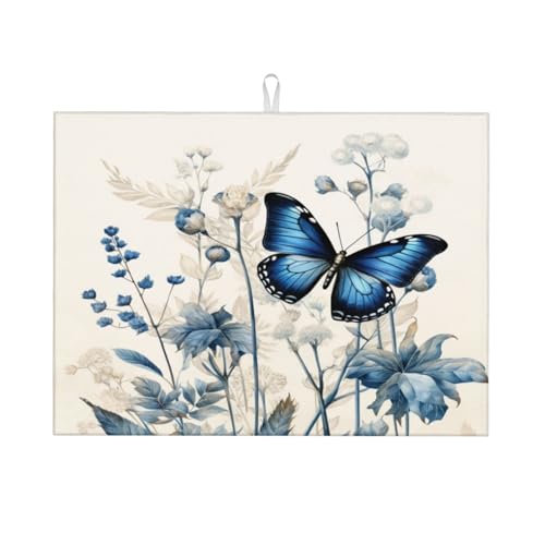 Dish Drying Mat Butterfly Blue Flower Boho for Kitchen Counter Absorbent 18x24 Inch Microfiber Dishes Plate Glass Dry Draining Pad Reversible Washable - color: C05, size: 18" x 24"
